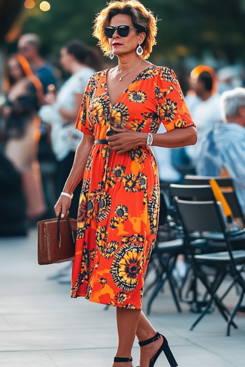 A mature woman in an asymmetrical midi dress with bold prints, paired with elegant pumps and a leather clutch at a concert (2)