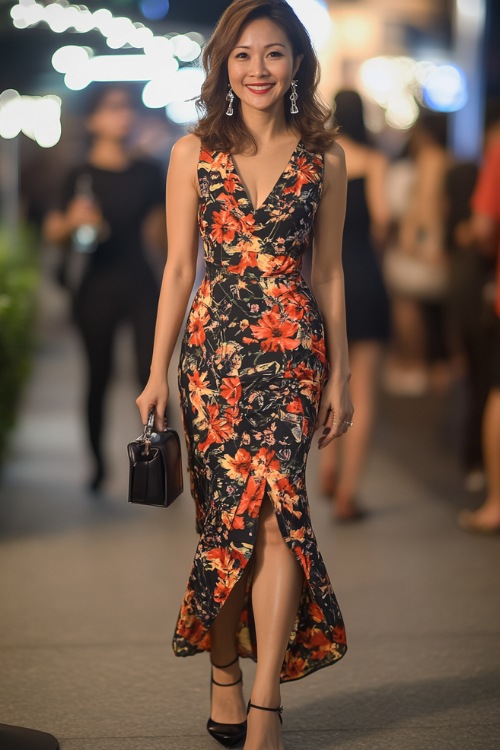 A mature woman in an asymmetrical midi dress with bold prints, paired with elegant pumps and a leather clutch at a concert