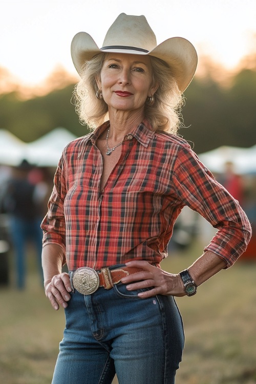 A mature woman rocking a classic country look with a plaid button-up shirt tucked into high-waisted jeans