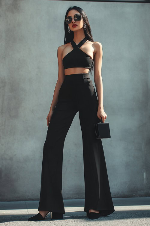 A modern woman in high-waisted wide-leg pants, paired with a backless halter top and stiletto heels