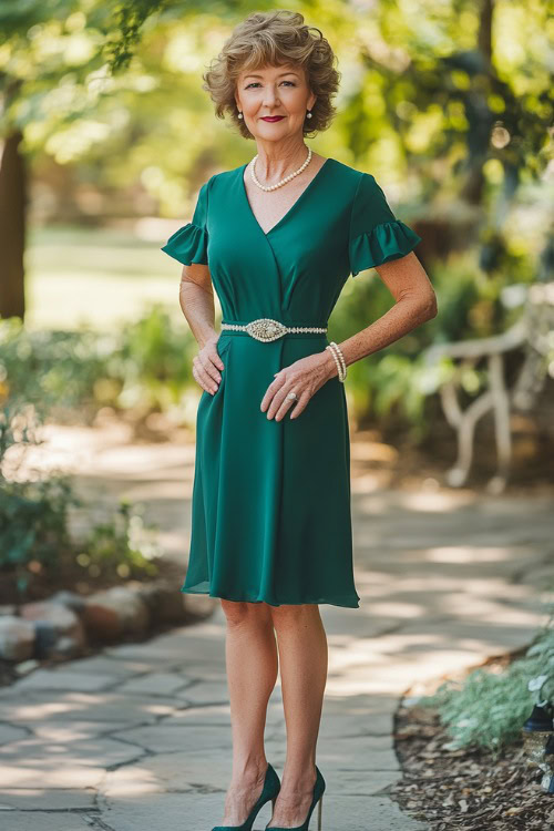 A petite woman over 50 in a classy knee-length emerald green dress with a belted waist and flutter sleeves