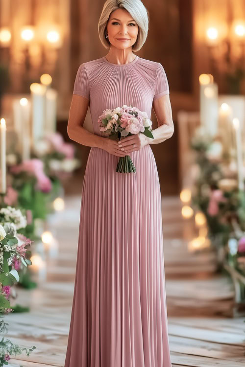 A petite woman over 50 in a dusty rose pleated midi dress with a fitted bodice and short sleeves 