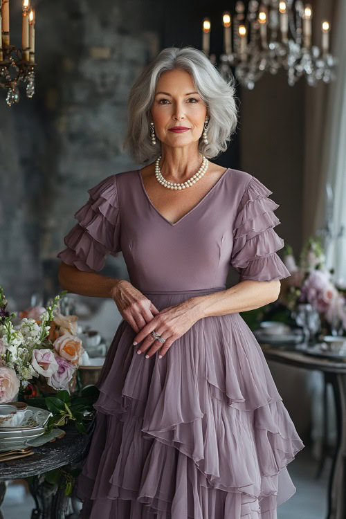 A petite woman over 40 in a feminine mauve tea-length dress with flutter sleeves and a layered chiffon skirt