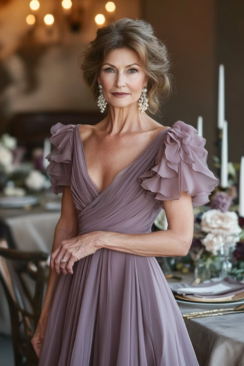 A petite woman over 50 in a feminine mauve tea-length dress with flutter sleeves and a layered chiffon skirt