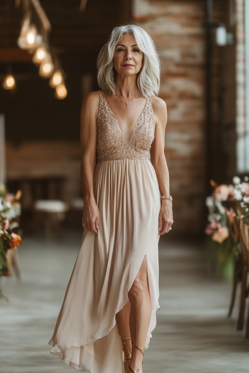 A petite woman over 50 in a flowing champagne midi dress with delicate embroidery and an empire waist