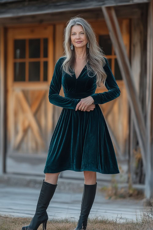 A petite woman over 50 in a knee-length dark teal velvet dress with long sleeves and a cinched waist