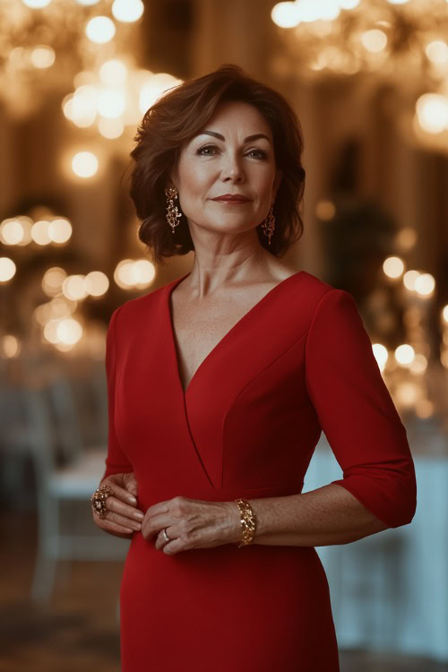 A petite woman over 50 in a red midi-length A-line dress with a V-neckline and a fitted waist