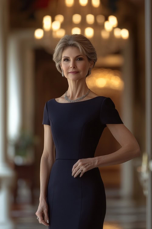 A petite woman over 50 in a sleek fitted navy sheath dress with short sleeves and a boat neckline