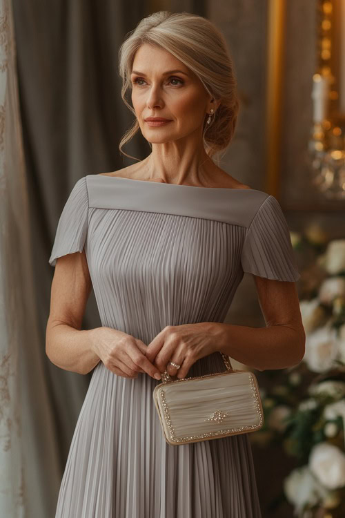 A petite woman over 50 in a soft gray midi-length pleated dress with a boat neckline and flutter sleeves