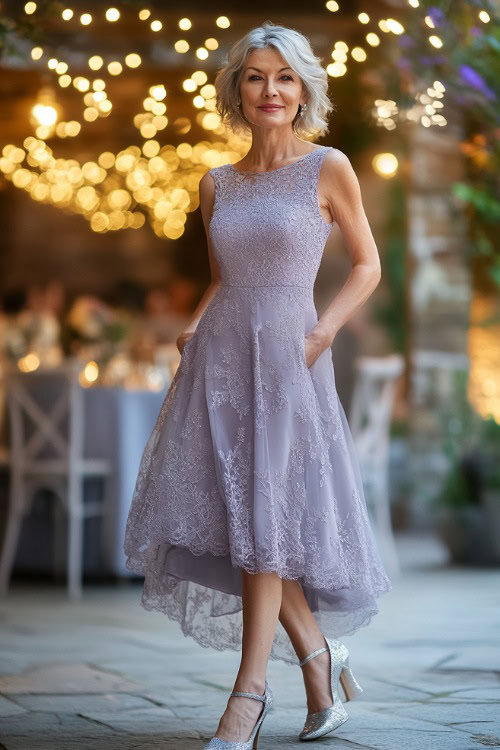 A petite woman over 50 in an elegant soft lilac A-line midi dress with lace detailing and a modest neckline