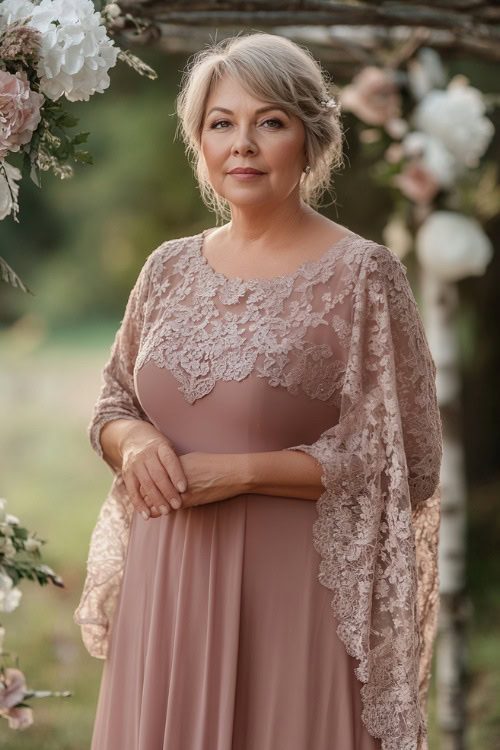 A plus-size woman over 50 in a charming knee-length dusty rose dress with an illusion neckline and lace details