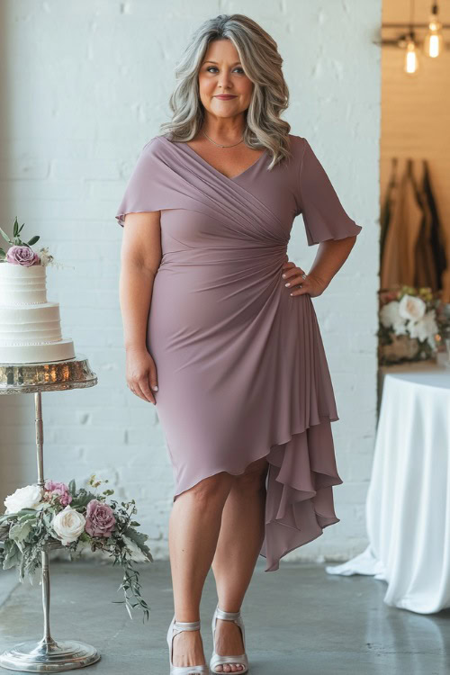 A plus-size woman over 50 in a chic asymmetric mauve dress with a draped neckline and high-low hem, paired with pumps