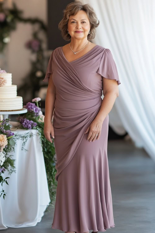 A plus-size woman over 50 in a chic asymmetric mauve dress with a draped neckline and high-low hem, paired with pumps