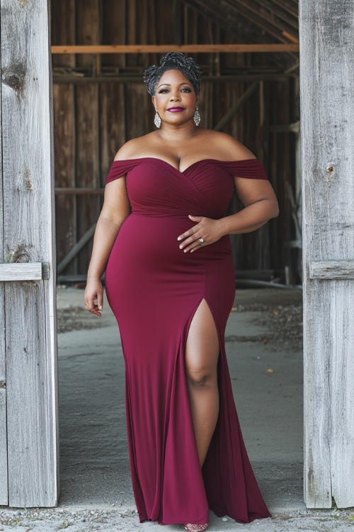 A plus-size woman over 50 in a chic off-the-shoulder burgundy maxi dress with an empire waist and a subtle slit (2)