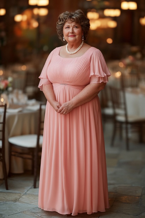 A plus-size woman over 50 in a classic tea-length pastel pink dress with a square neckline and flutter sleeves, made of soft chiffon fabric