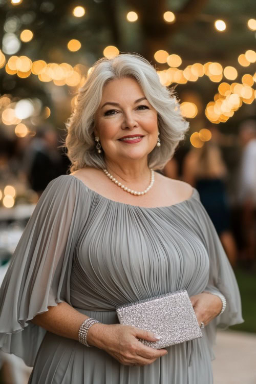 A plus-size woman over 50 in a classy soft gray chiffon dress with a pleated bodice and flutter sleeves