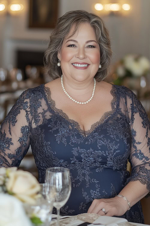 A plus-size woman over 50 in a feminine navy blue lace dress with sheer sleeves and a scalloped hem