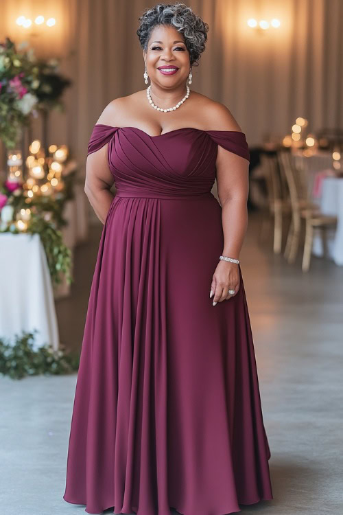 A plus-size woman over 50 in a floor-length burgundy gown with an off-the-shoulder neckline and a cinched waist