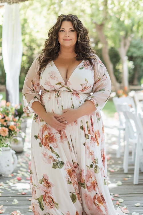 A plus-size woman over 50 in a graceful floral print maxi dress with sheer sleeves and a cinched waist