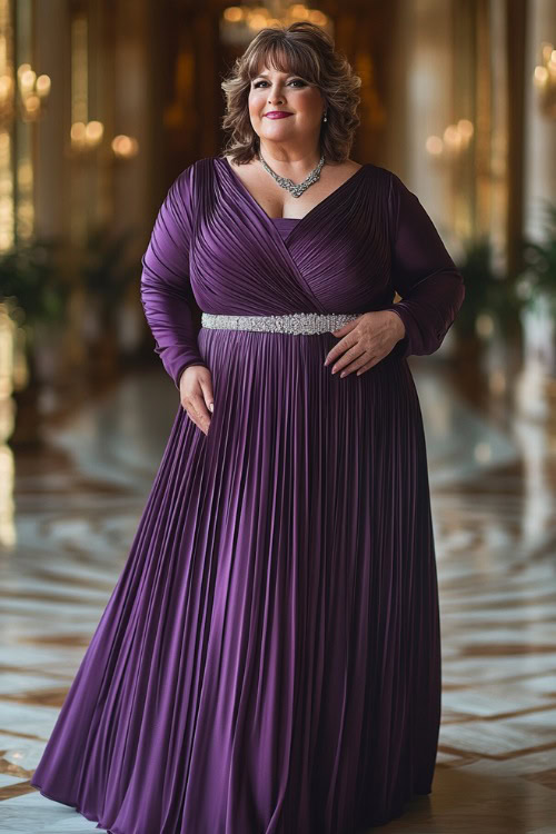 A plus-size woman over 50 in a regal deep purple pleated maxi dress with long sleeves and a satin belt (2)