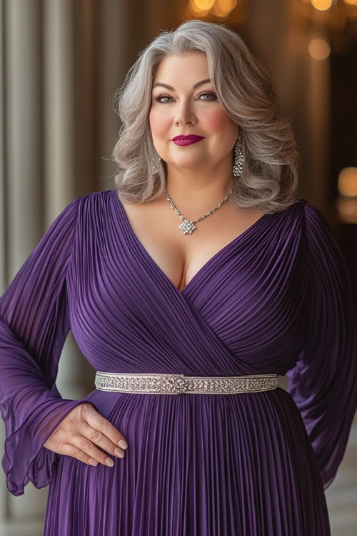 A plus-size woman over 40 in a regal deep purple pleated maxi dress with long sleeves and a satin belt