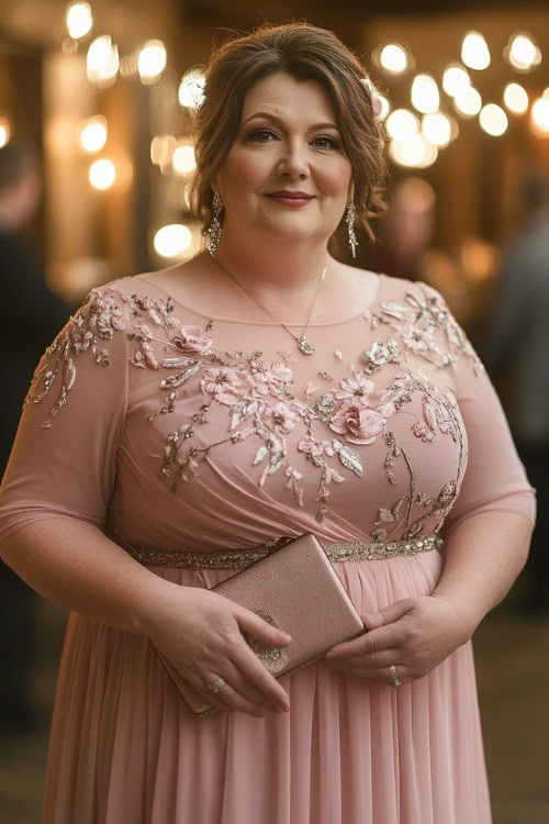 A plus-size woman over 50 in a romantic blush pink midi dress with delicate floral embroidery and an illusion neckline