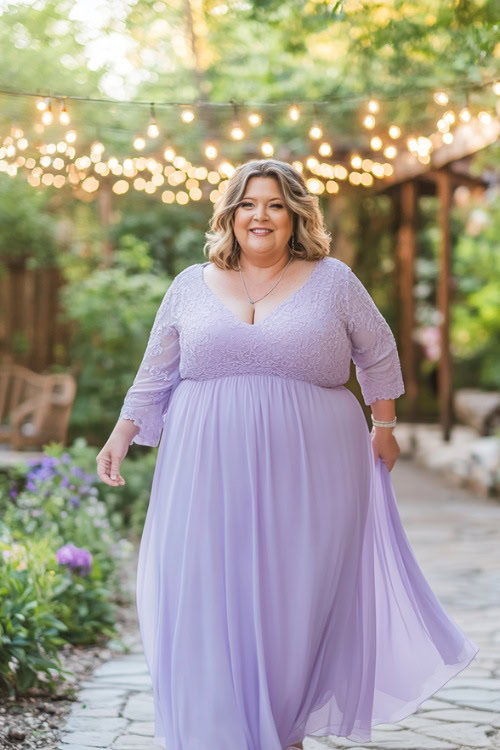 A plus-size woman over 50 in a soft lavender A-line dress with sheer embroidered sleeves and a flattering empire waist 