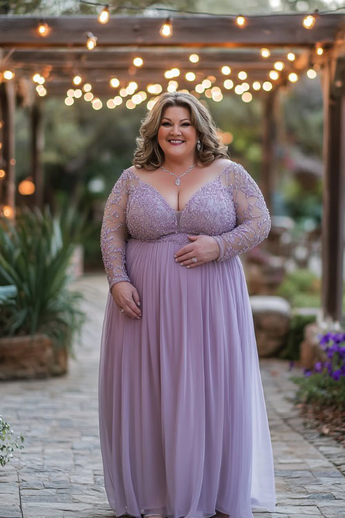 A plus-size woman over 50 in a soft lavender A-line dress with sheer embroidered sleeves and a flattering empire waist