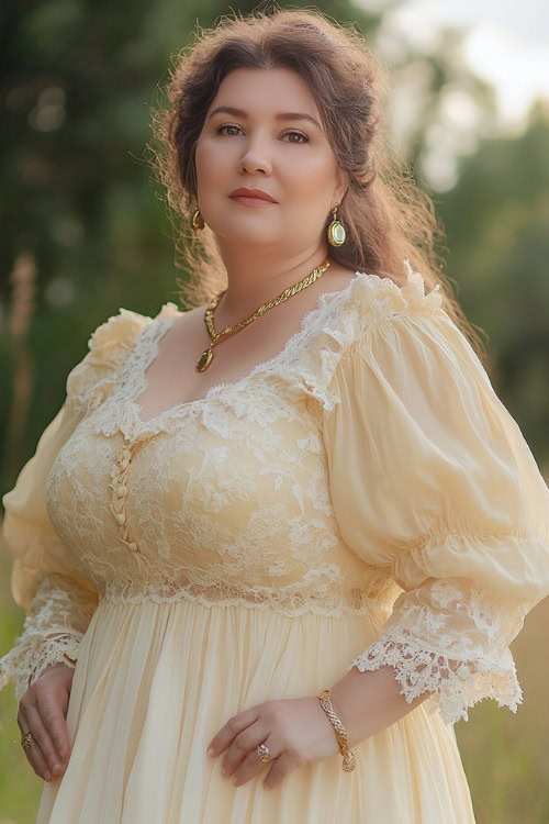 A plus-size woman over 50 in a soft pastel yellow A-line dress with puff sleeves and lace details