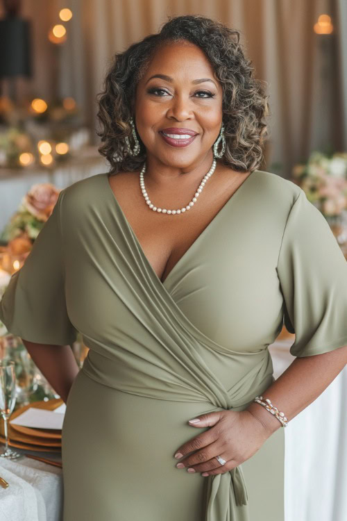 A plus-size woman over 50 in a sophisticated sage green wrap dress with flutter sleeves and a cinched waist, paired with delicate pearl accessories.