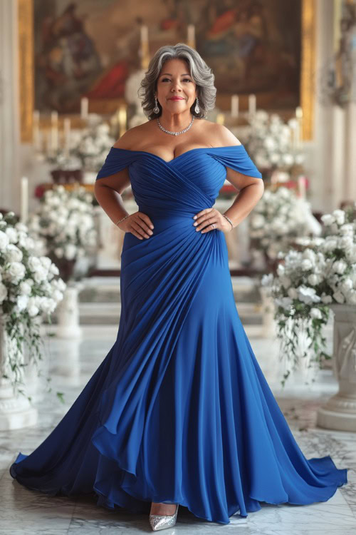 A plus-size woman over 50 in a stunning royal blue off-the-shoulder gown with a draped bodice and flowing chiffon skirt