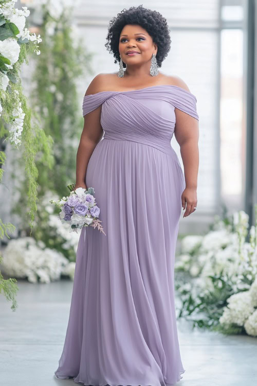 A plus-size woman over 50 in a stylish one-shoulder soft lilac gown with a flowing silhouette and delicate draping