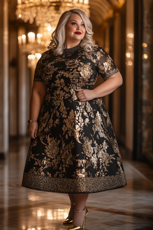 A plus-size woman over 50 in a timeless black and gold midi dress with an intricate floral pattern, a high neckline, and an A-line skirt