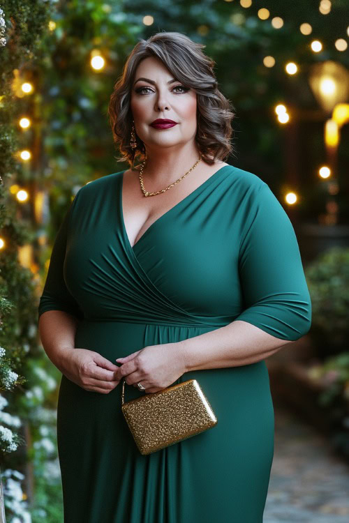 A plus-size woman over 50 in a timeless wrap dress in deep emerald green with three-quarter sleeves, a cinched waist