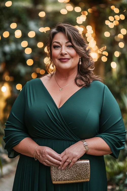 A plus-size woman over 50 in a timeless wrap dress in deep emerald green with three-quarter sleeves, a cinched waist