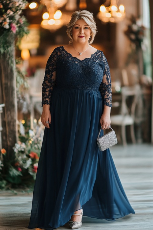 A plus-size woman over 50 in an elegant navy blue A-line dress with long lace sleeves and a flowing chiffon skirt