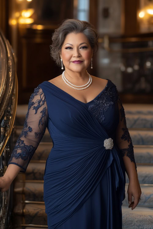 A plus-size woman over 40 in an elegant navy blue gown with a draped neckline and sheer sleeves, paired with classic pearl jewelry