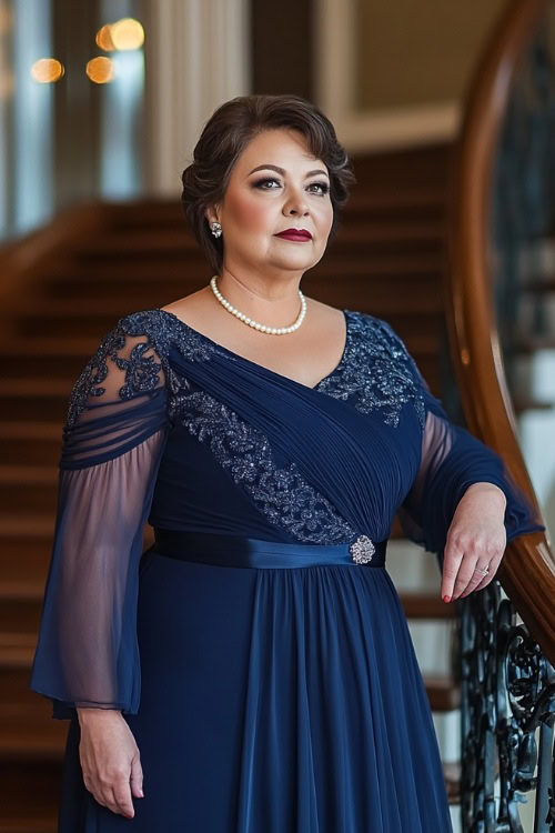 A plus-size woman over 50 in an elegant navy blue gown with a draped neckline and sheer sleeves