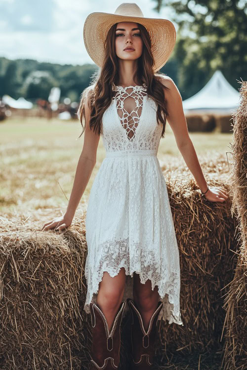 A stylish woman in a lace-up white dress, brown knee-high cowboy boots, and a sunhat