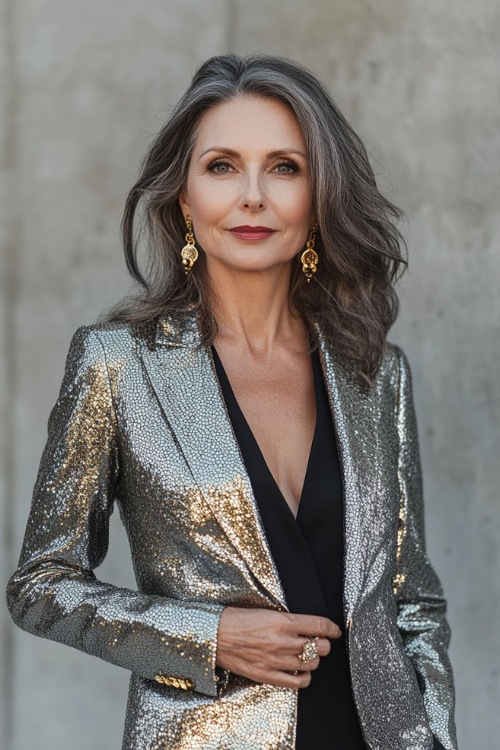 A stylish woman over 40 in a metallic blazer over a fitted midi dress, accessorized with heeled boots and statement earrings at a concert