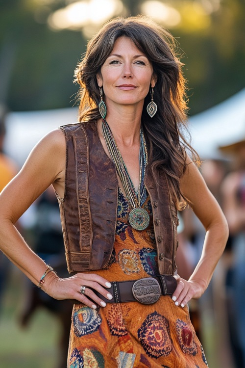 A stylish woman over 40 in a rustic yet elegant look, wearing a tailored leather vest over a printed maxi dress (2)