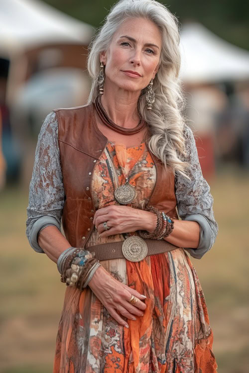 A stylish woman over 40 in a rustic yet elegant look, wearing a tailored leather vest over a printed maxi dress (3)