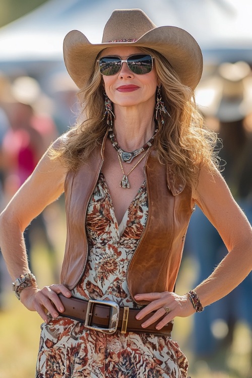 A stylish woman over 40 in a rustic yet elegant look, wearing a tailored leather vest over a printed maxi dress