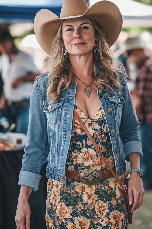 A stylish woman over 40 wearing a fitted denim jacket over a floral midi dress, paired with brown cowboy boots and a wide-brim hat,