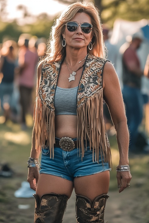 A stylish woman over 40 wearing a fringe vest over a simple tank top and denim shorts, accessorized with knee-high cowboy boots and hoop earrings at a country concert