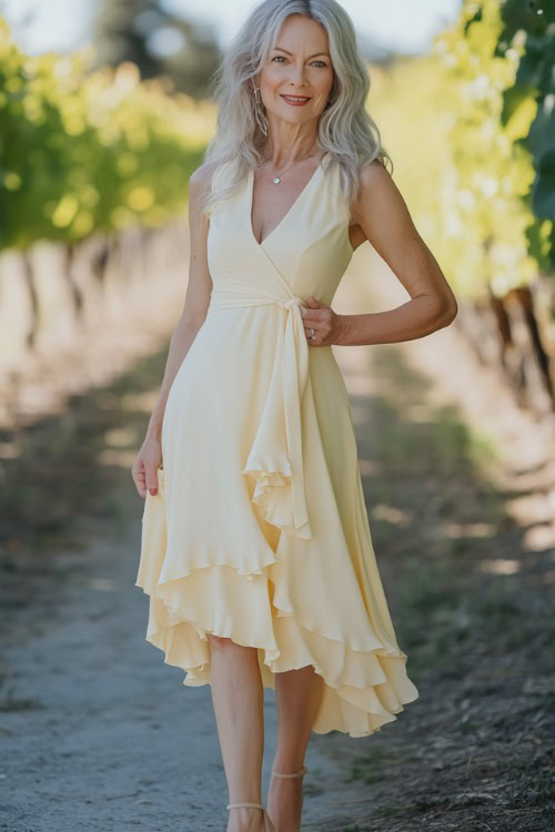 A stylish woman over 50 with a petite frame in a pastel yellow midi wrap dress with ruffle details and a tie waist