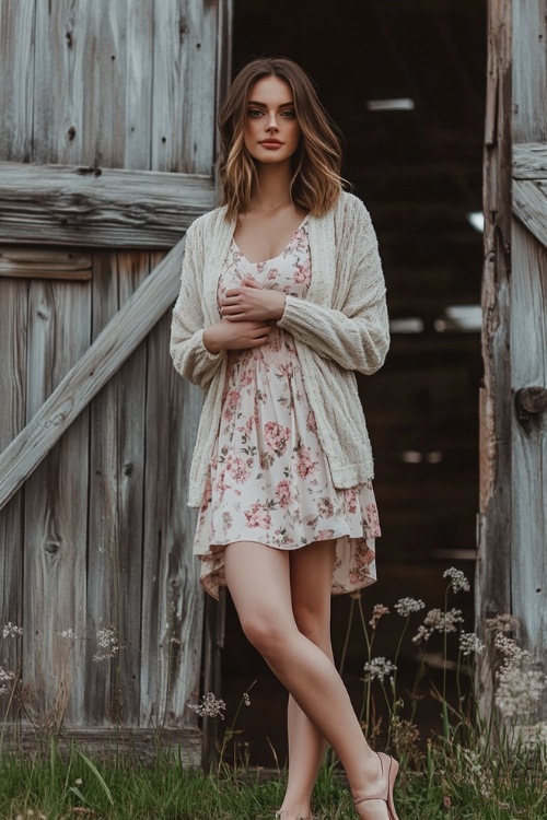 A stylish woman wearing a floral midi dress with a lightweight cardigan and ballet flats, posing in front of a rustic wooden barn with a soft spring sky