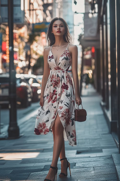 A stylish woman wearing a floral midi dress with strappy heels, accessorized with a small handbag, posing on a city sidewalk in spring (2)