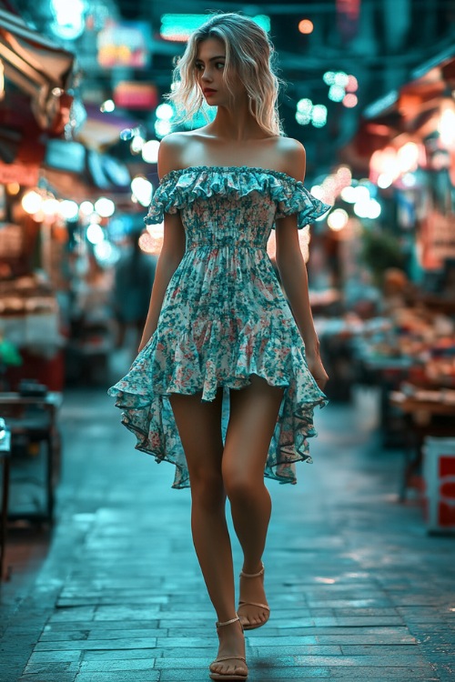 A stylish woman wearing a ruffled off-shoulder dress with wedge sandals, walking through a lively street market at night