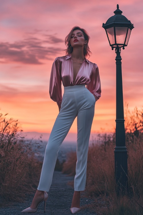 A stylish woman wearing high-waisted trousers with a satin blouse and pointed-toe heels, posing beside a classic lamppost with a soft pink sunset